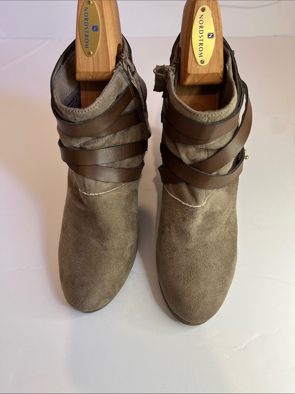Material Girl Taupe Suede Ankle Booties with Brown Wrap Straps